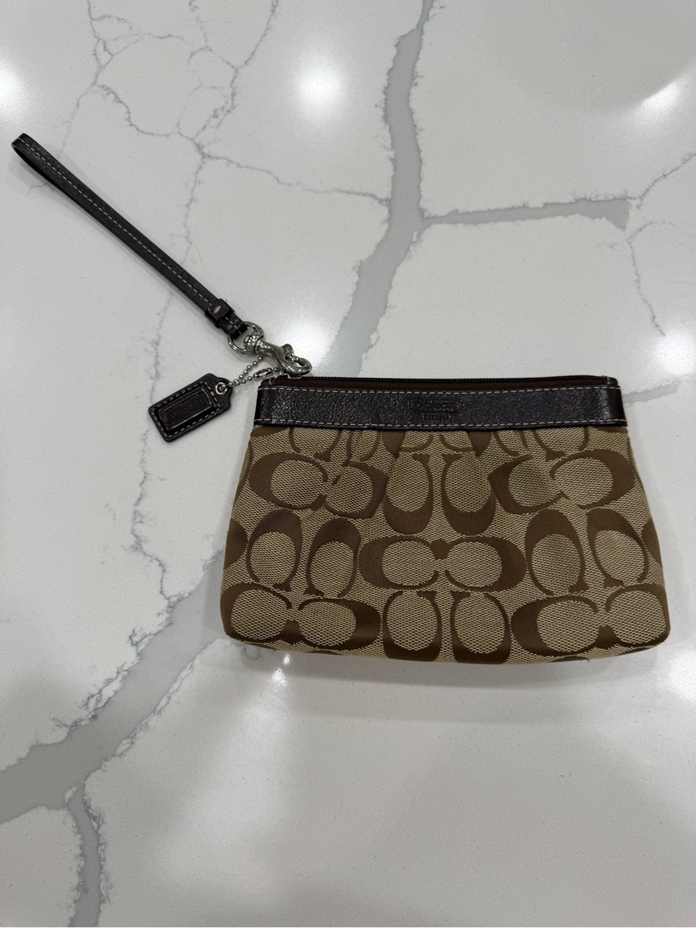 Coach Brown Signature Canvas Wristlet with Dark Brown Trim